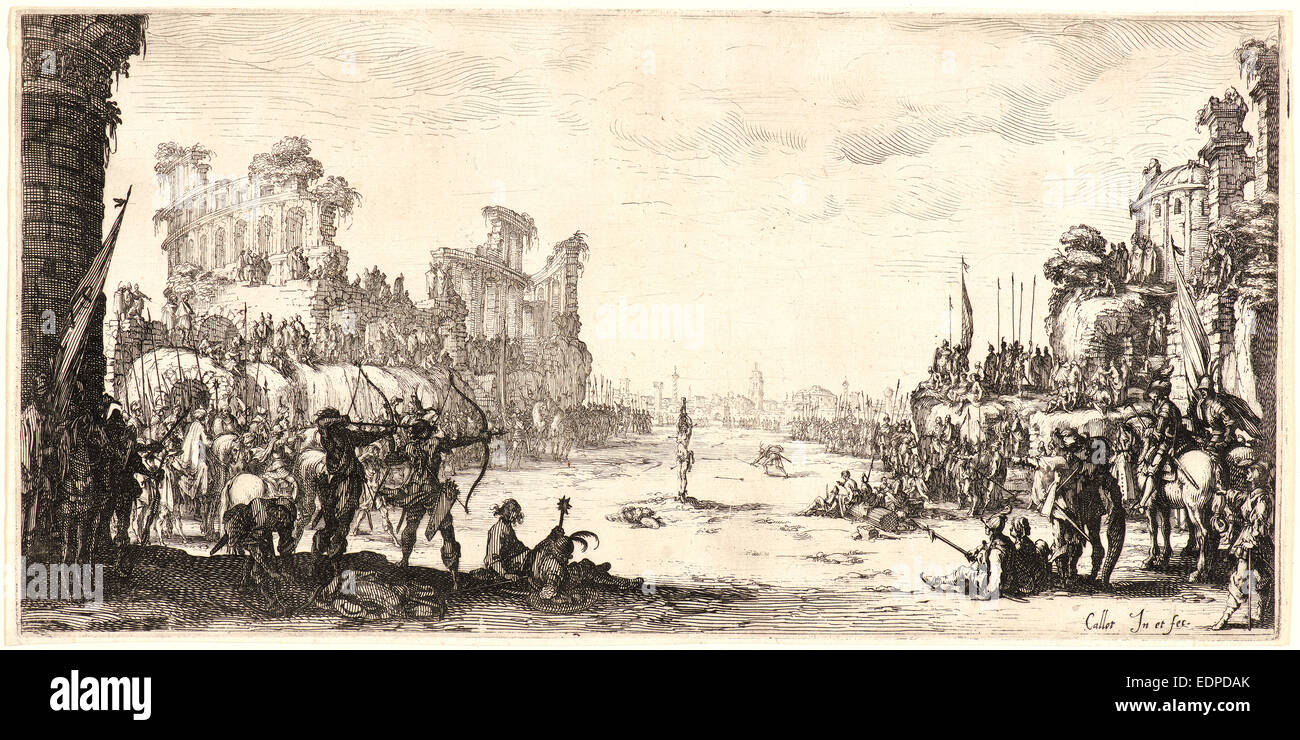 Jacques Callot (francese, 1592 - 1635). Il Martirio di San Sebastiano, 1621. Attacco chimico. Primo stato Foto Stock