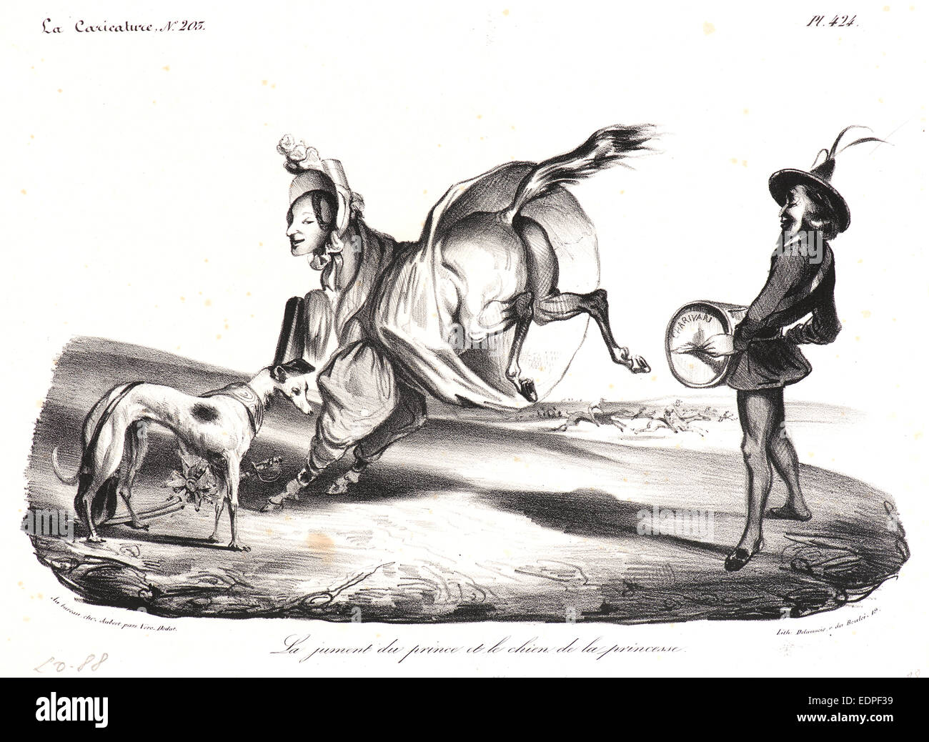 Honoré Daumier (francese, 1808 - 1879). La Jument du Prince et le Chien de la princesse, 1834. Litografia su carta velina bianca carta Foto Stock