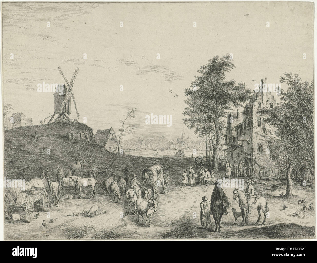 Villaggio con inn e il mulino a vento, S. Le Masurier, Jan Brueghel (II), 1720 - 1820 Foto Stock