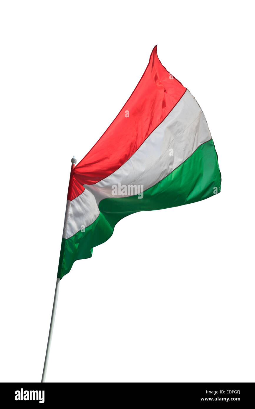 Ungheria bandiera nel vento isolati su sfondo bianco. Foto Stock