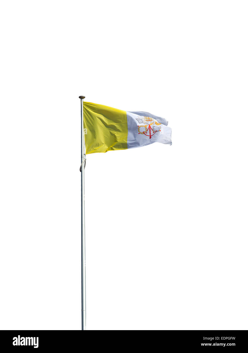 Vaticano bandiera nel vento isolati su sfondo bianco. Foto Stock