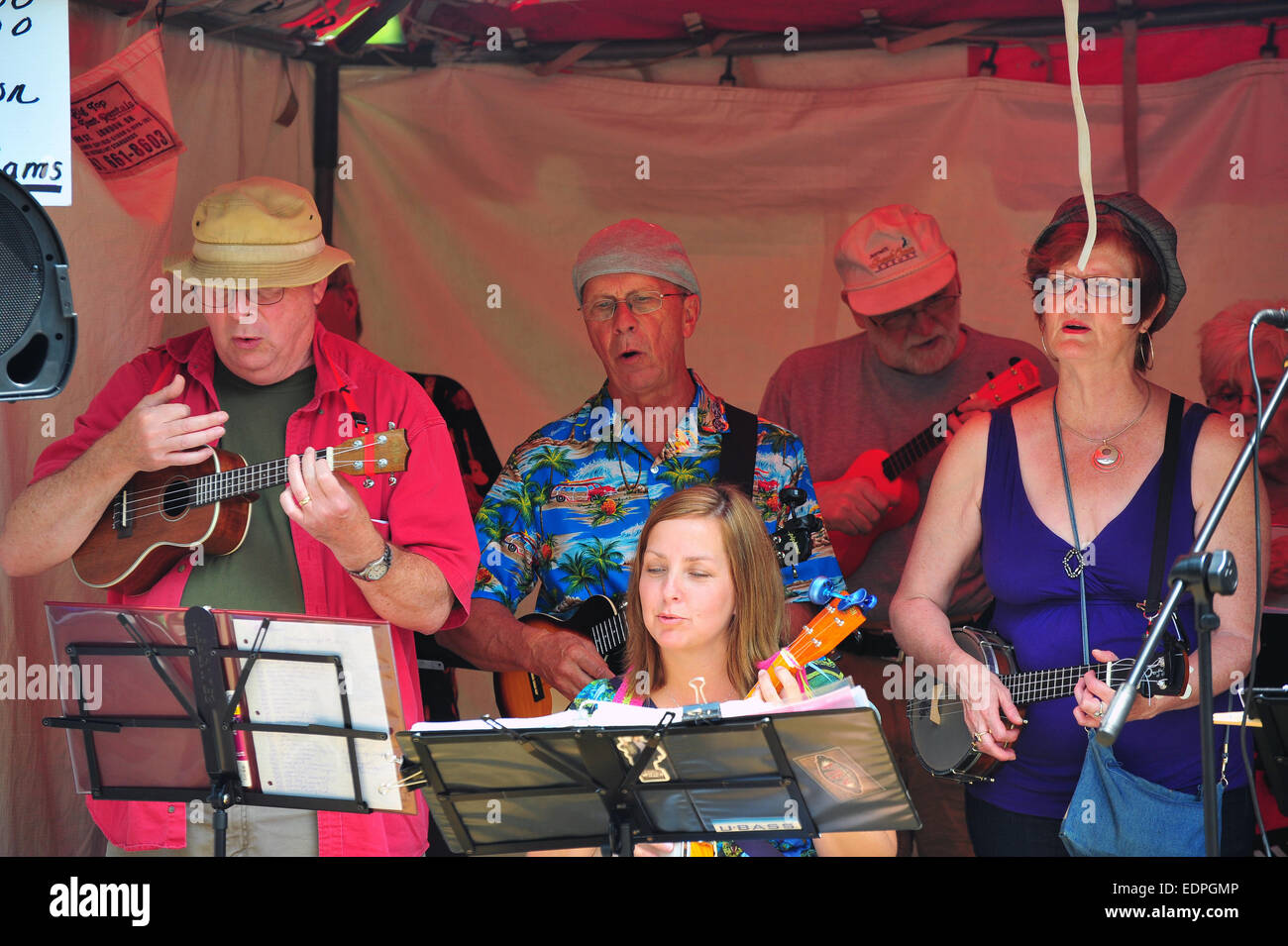 Un gruppo di ukulele giocatori in un canadese festival musicali. Foto Stock Un gruppo di ukulele giocatori in un canadese festival musicali. Foto Stock