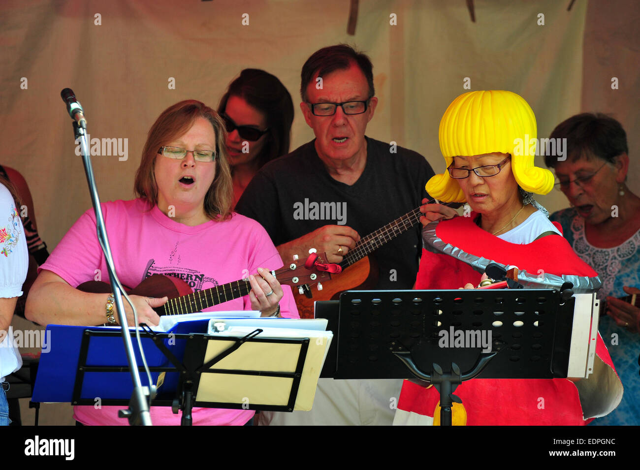 Un gruppo di ukulele giocatori in un canadese festival musicali. Foto Stock Un gruppo di ukulele giocatori in un canadese festival musicali. Foto Stock