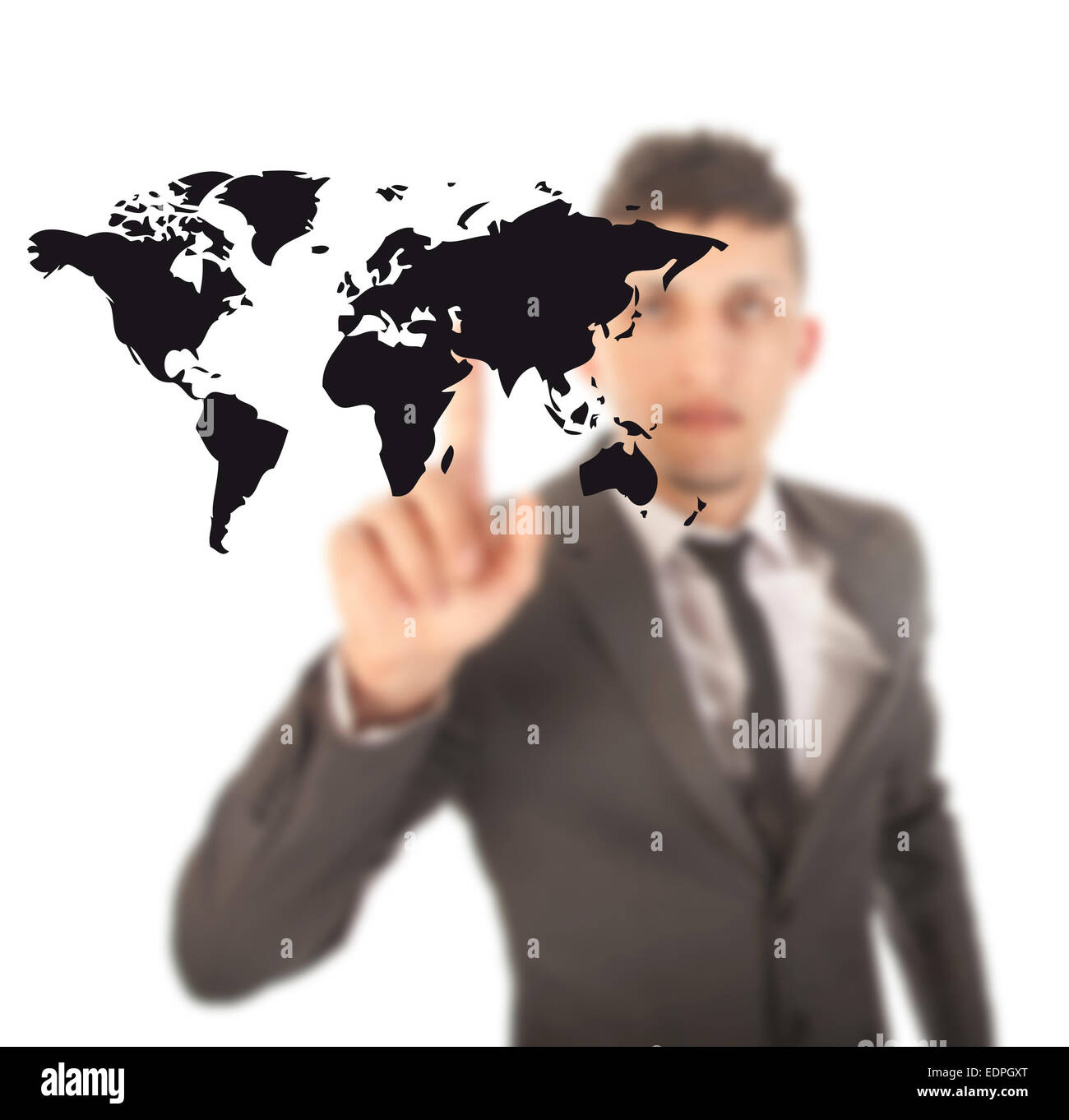 Giovane uomo con il nero mappa del mondo isolati su sfondo bianco Foto Stock