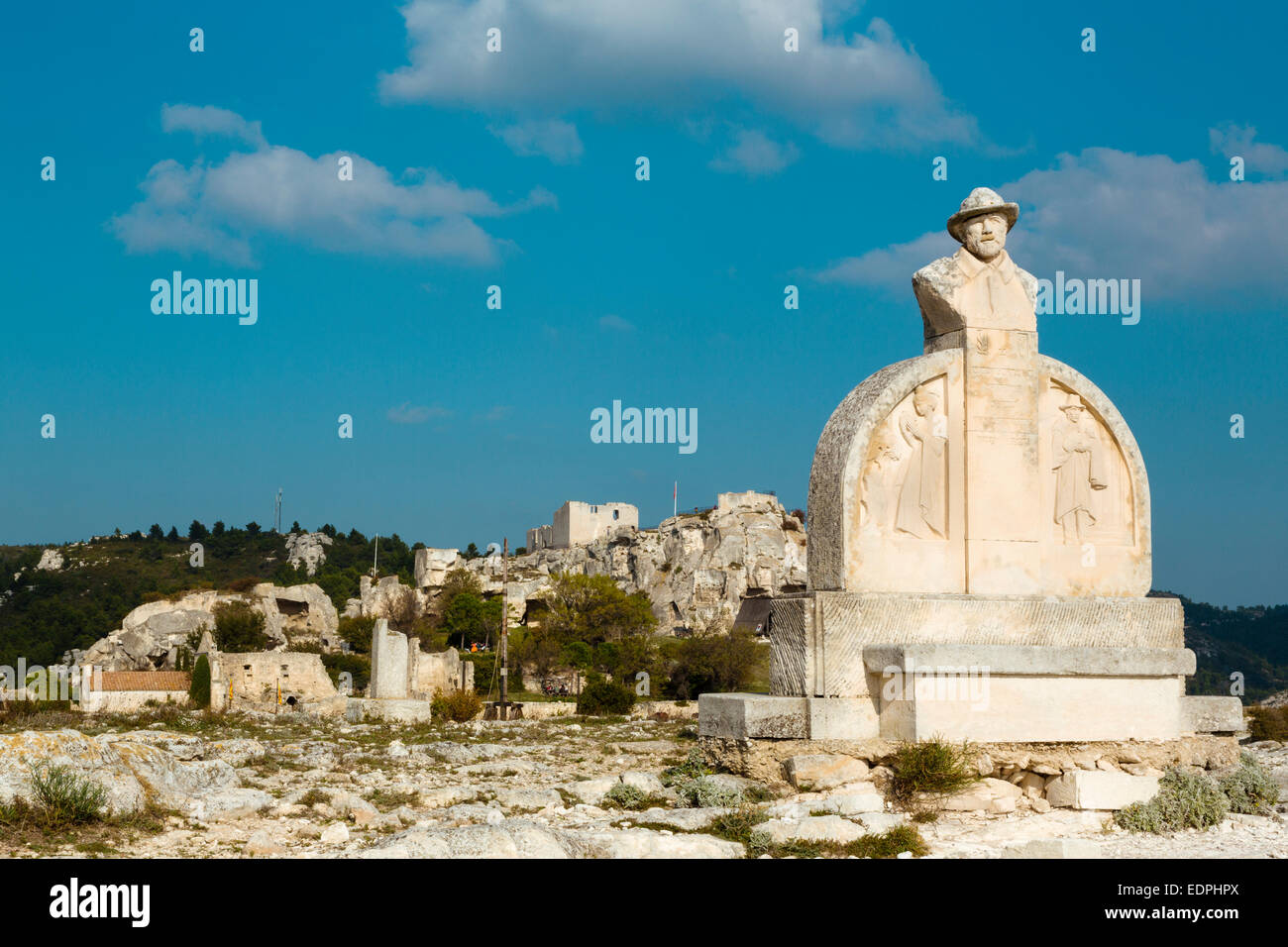 Charloun Rieu monumento, Castello medievale, Les Baux de Provence, Francia Foto Stock