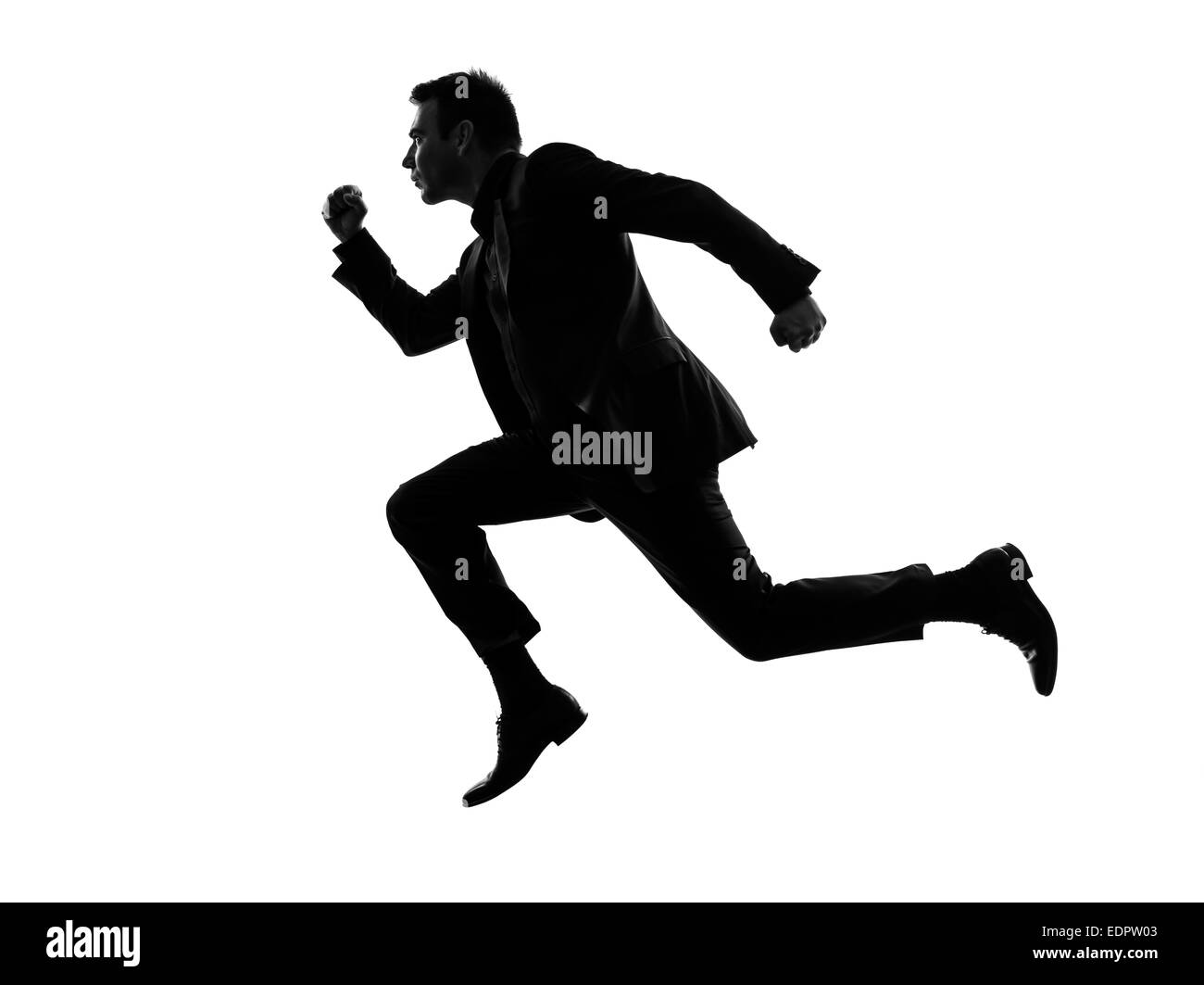 Un caucasian business man in esecuzione in silhouette su sfondo bianco Foto Stock