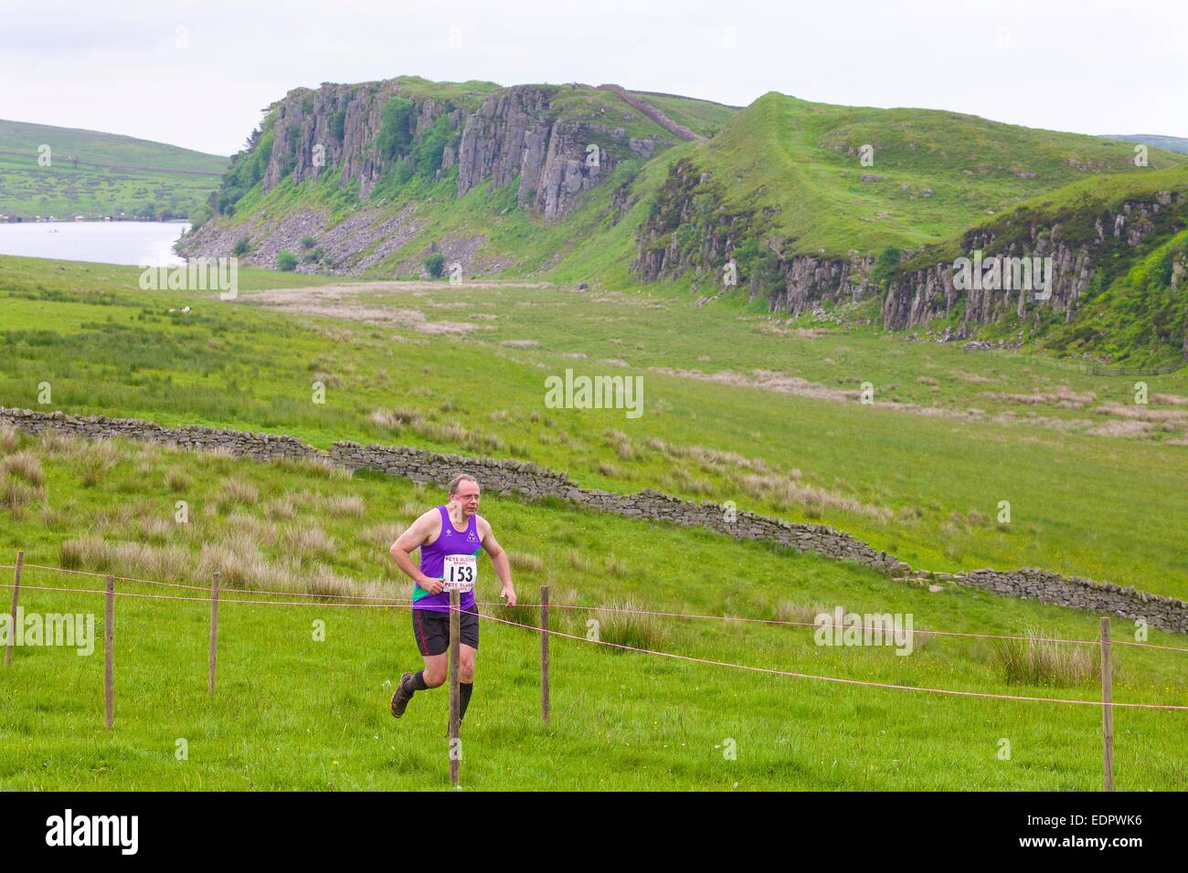 Guide di scorrimento è sceso in gara al Muro Romano Visualizza, acciaio Rigg vallo di Adriano percorso Northumberland England Regno Unito Foto Stock