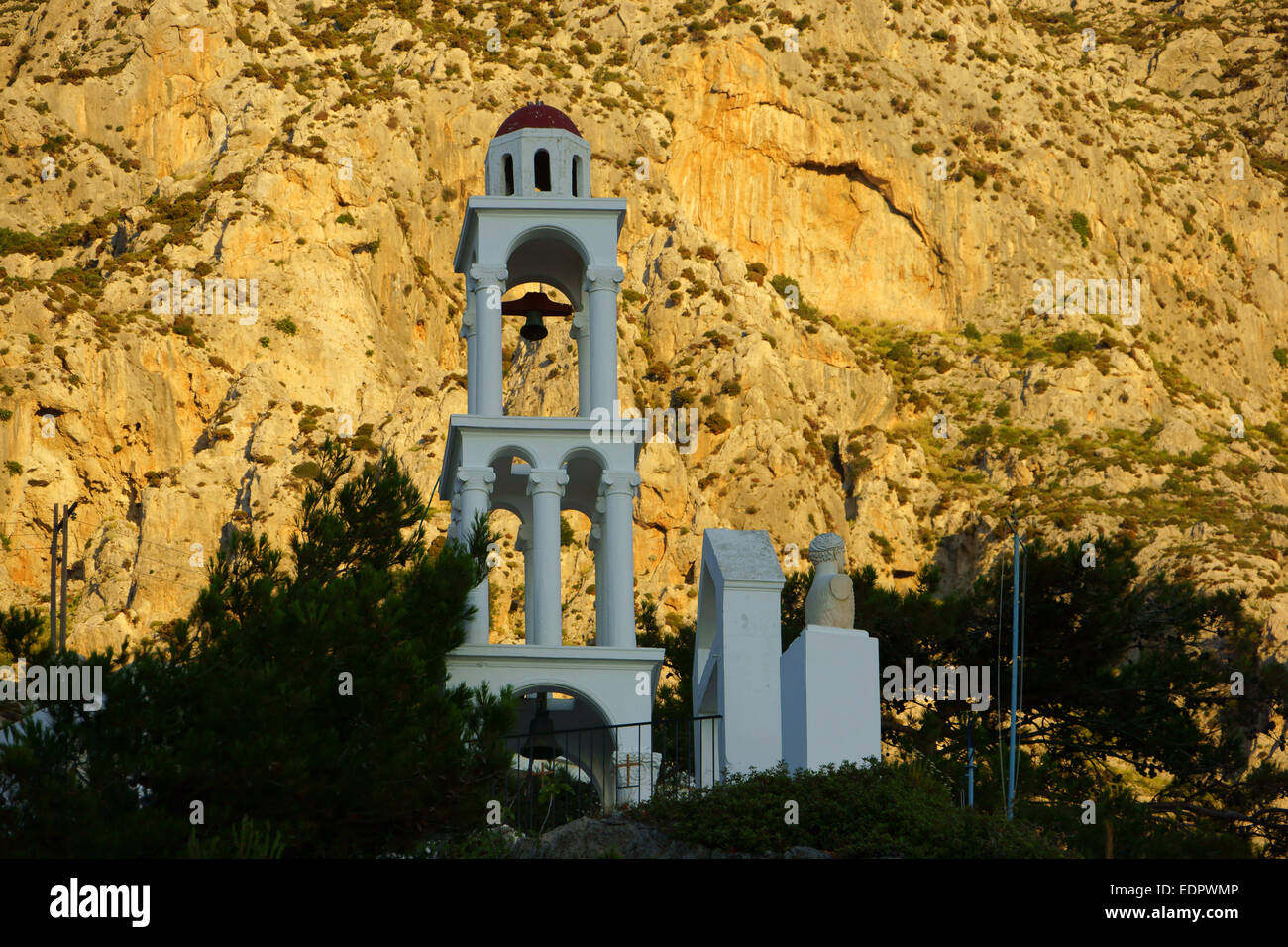 Campanile della chiesa ortodossa greca Cappella, Massouri, isola di Kalymnos, Grecia Foto Stock