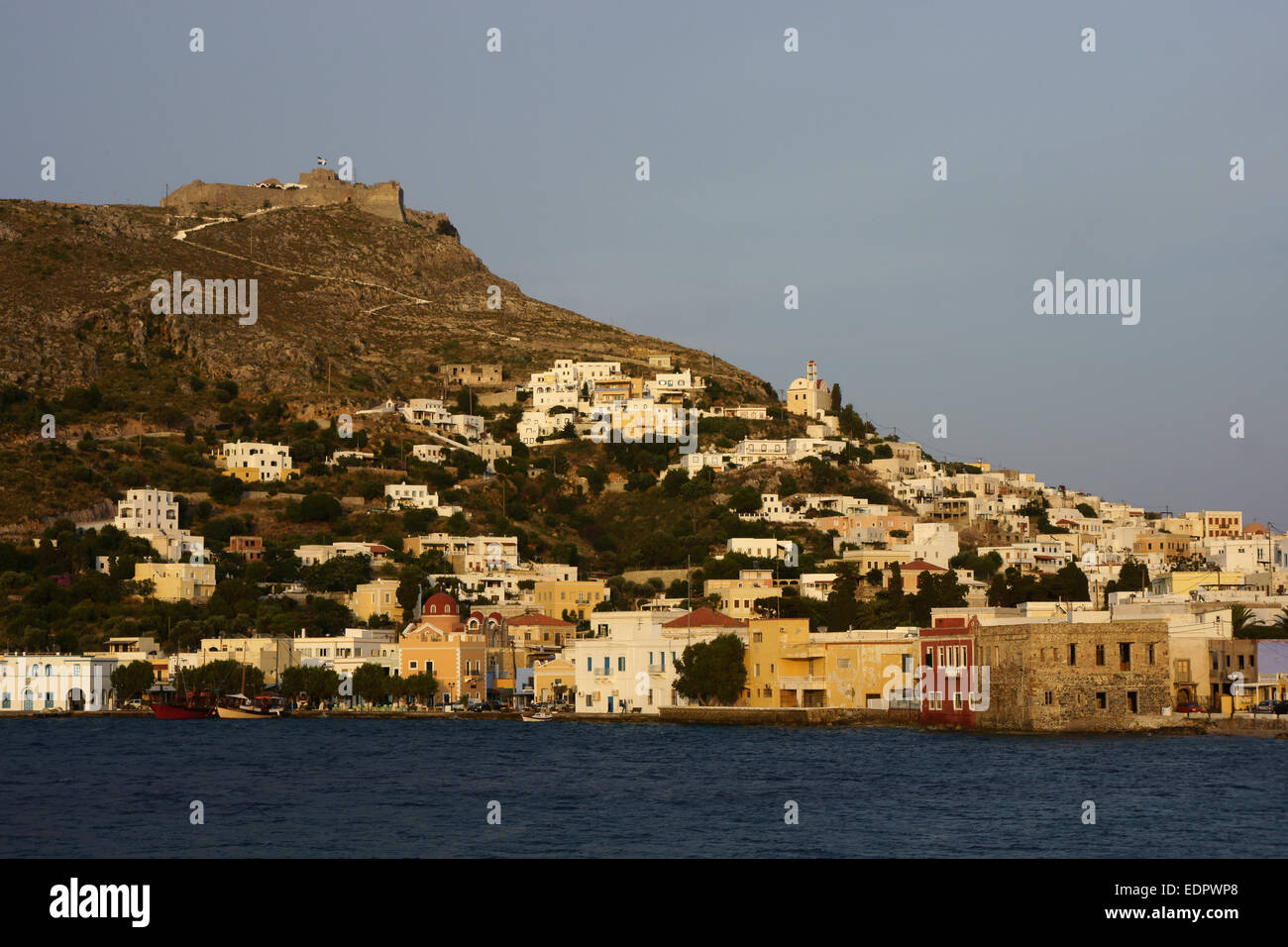 Agia Marina e castello Apitiki, isola di Leros, Grecia Foto Stock