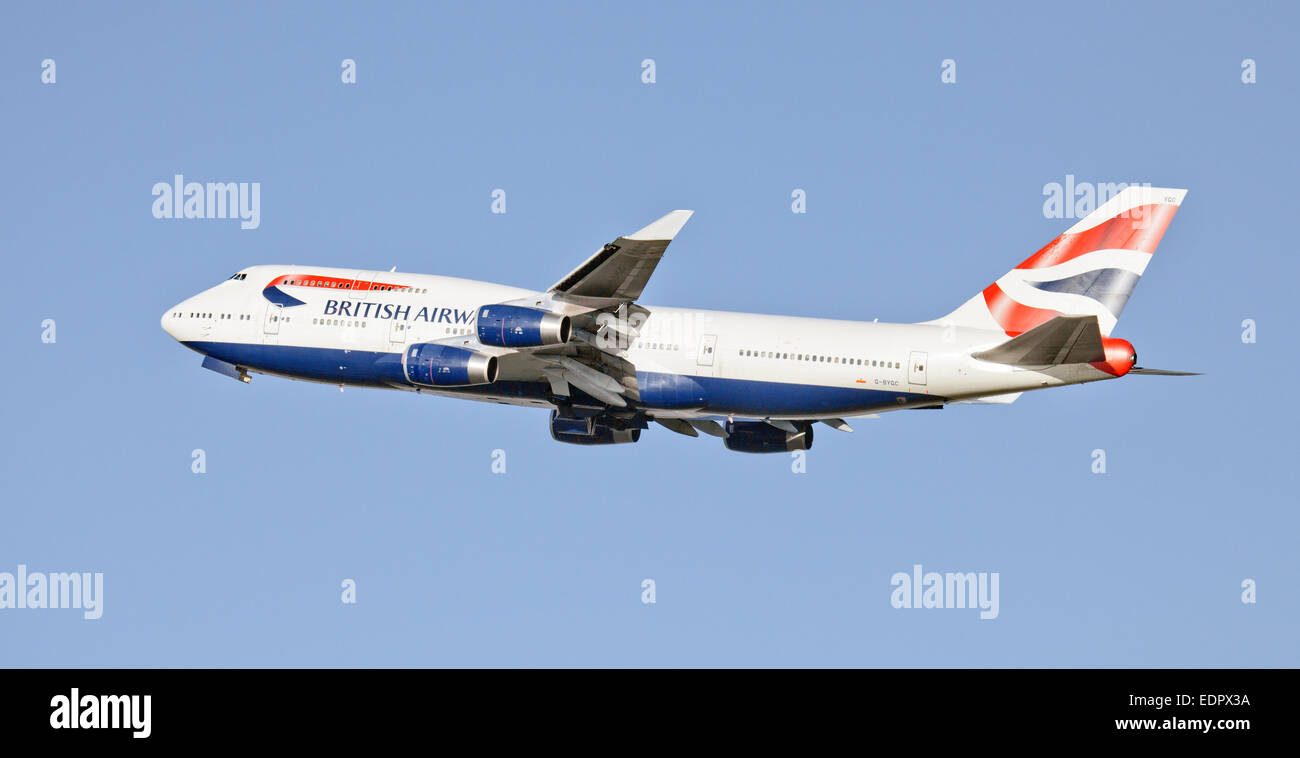 British Airways Boeing 747 G-BYGC in partenza dall'aeroporto di Heathrow LHR Foto Stock