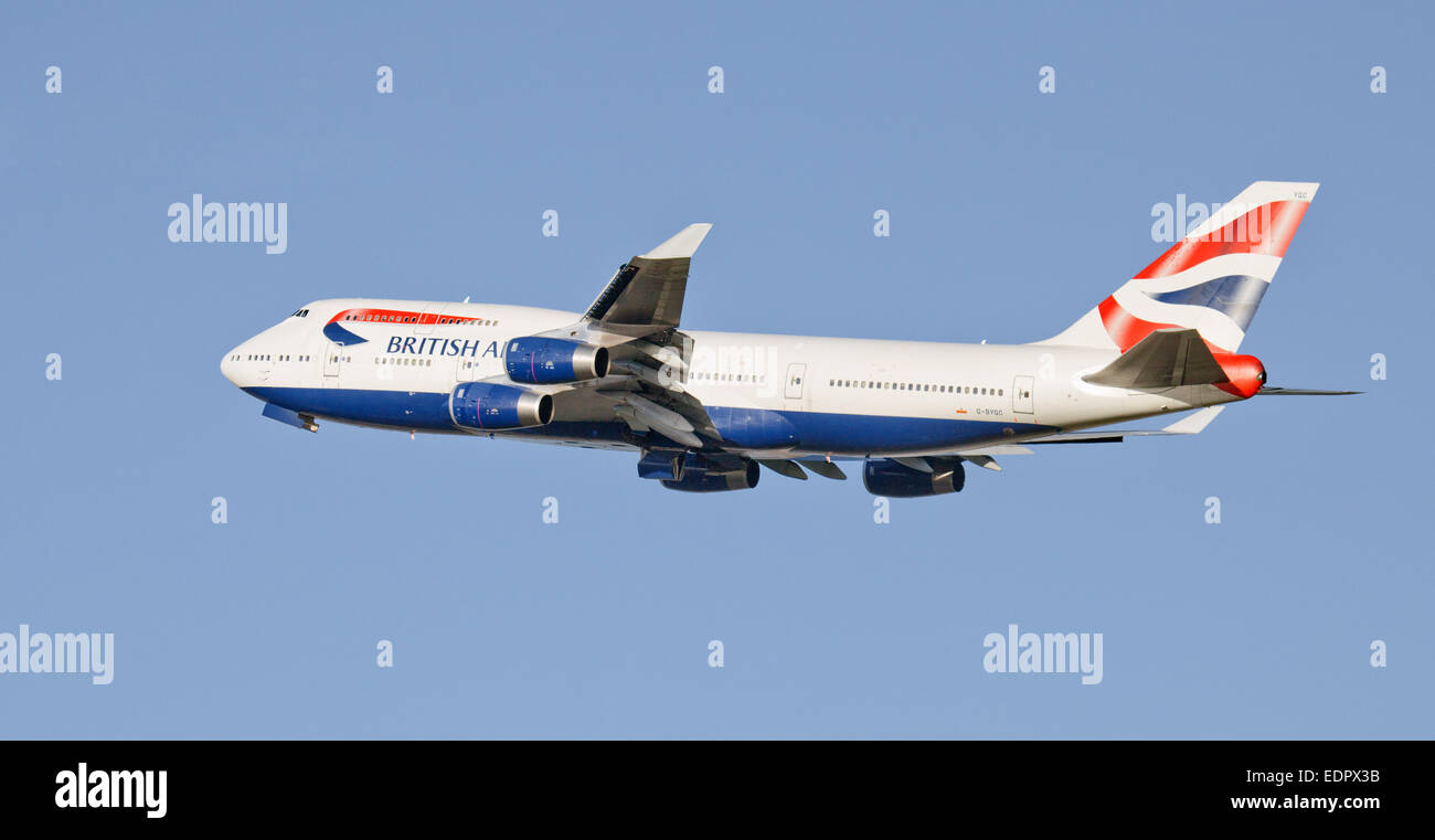 British Airways Boeing 747 G-BYGC in partenza dall'aeroporto di Heathrow LHR Foto Stock