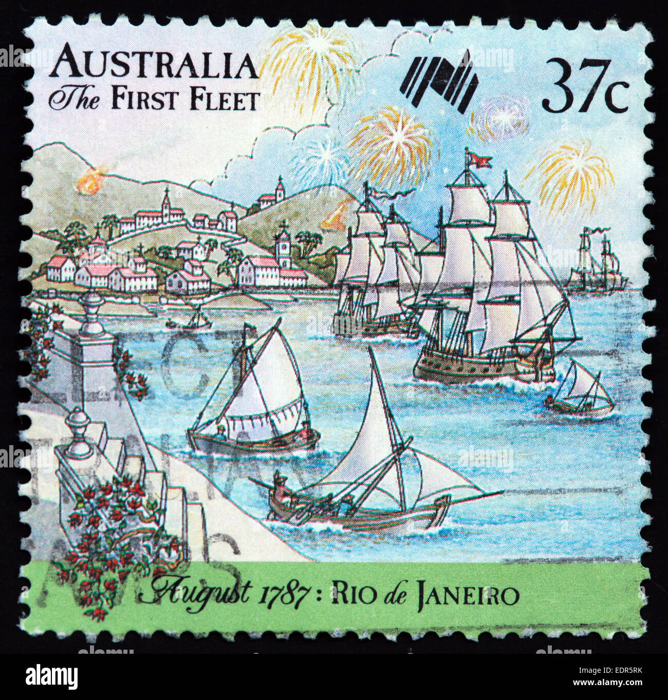 Usato e con timbro postale Australia / Timbro Austrailian 37c la prima flotta Agosto 1787 Rio de Janeiro Foto Stock