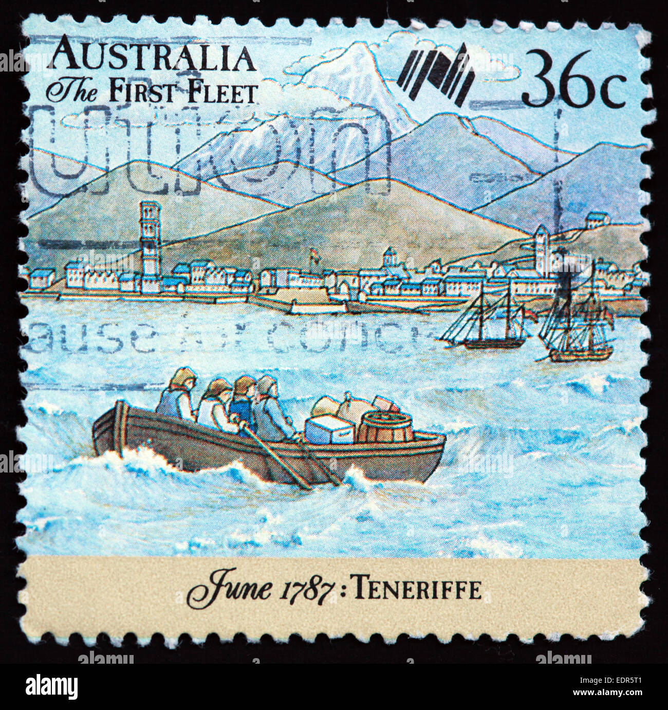 Usato e con timbro postale Australia / Timbro Austrailian 36c la prima flotta Giugno 1787 Teneriffe Foto Stock
