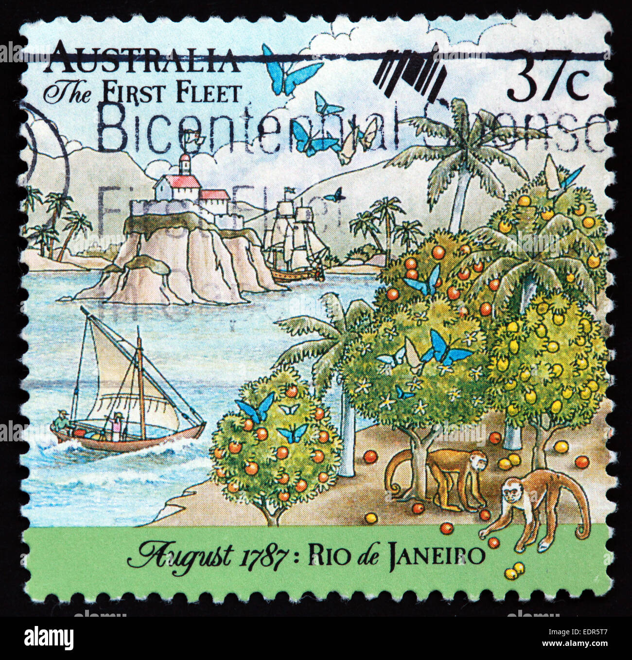 Usato e con timbro postale Australia / Timbro Austrailian 37c la prima flotta Agosto 1787 Rio de Janeiro Foto Stock