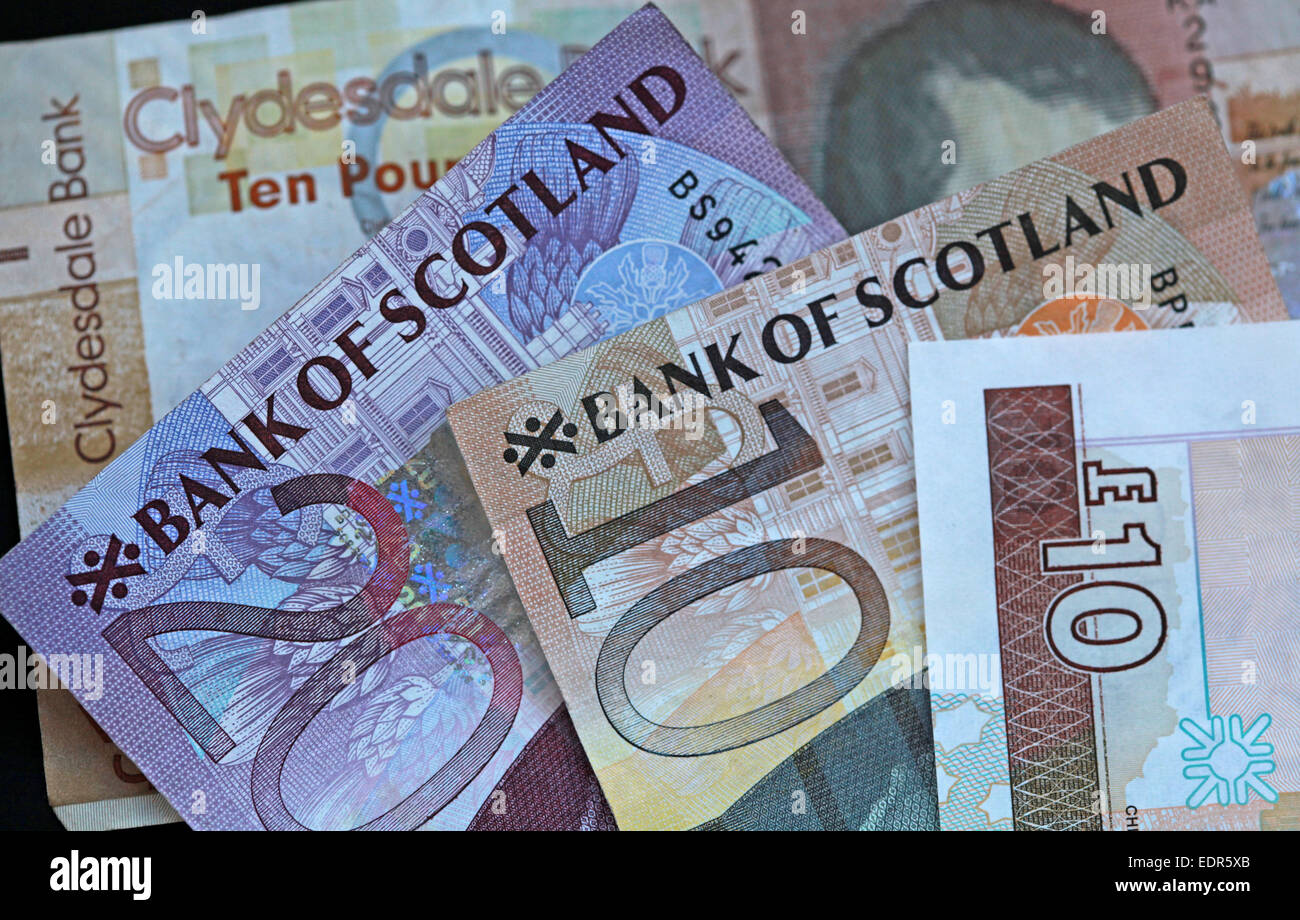 Scozia note sterlina scozzese monete monete denaro finanziamenti in valuta Foto Stock