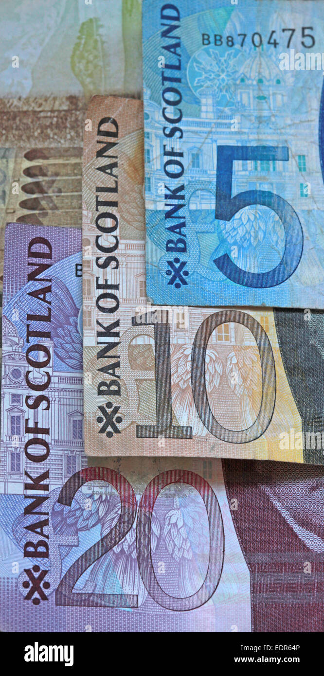 Scozia note sterlina scozzese monete monete denaro finanziamenti in valuta Foto Stock