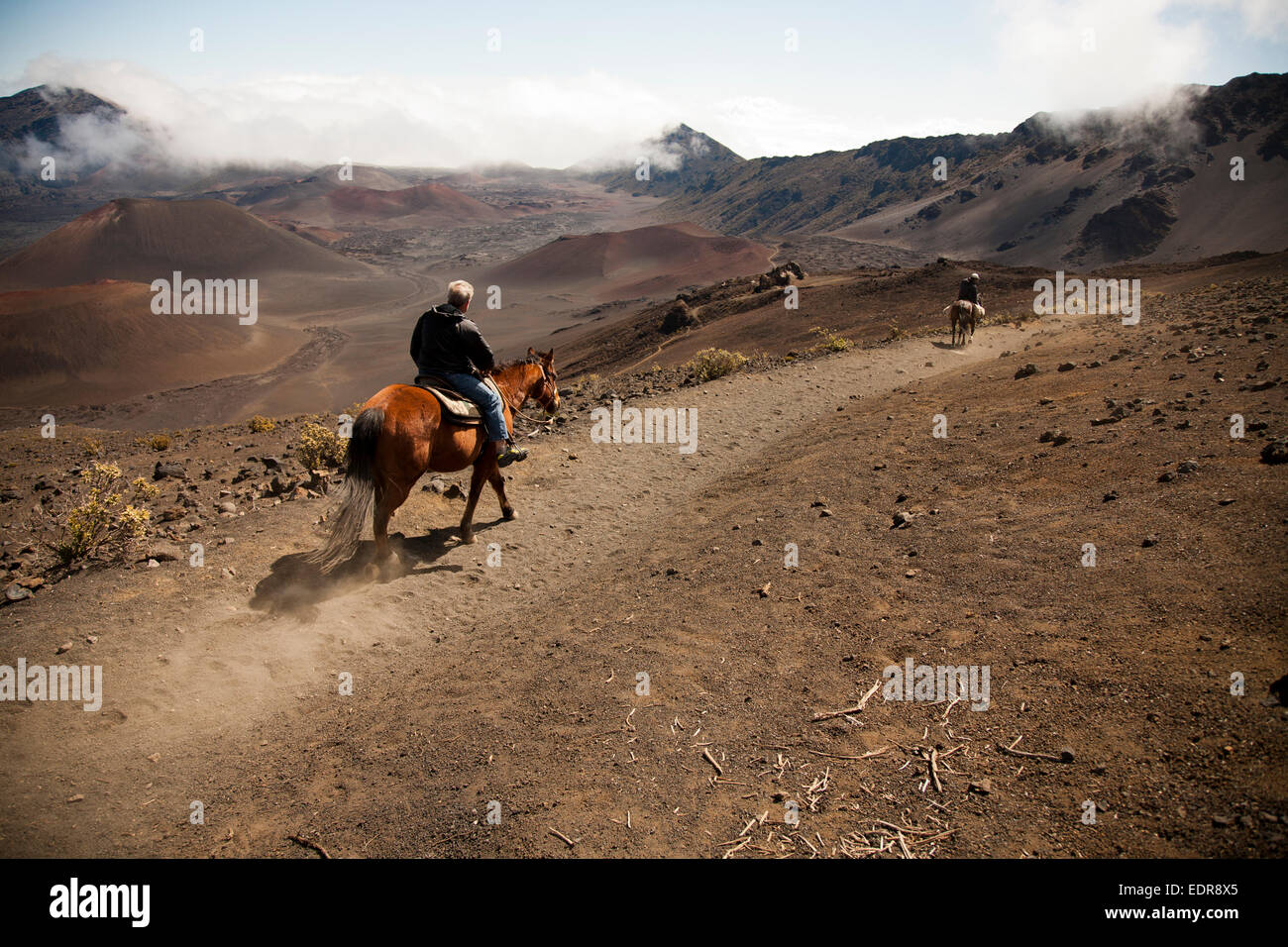 Due uomini a cavalcare nel cratere Haleakala. Foto Stock