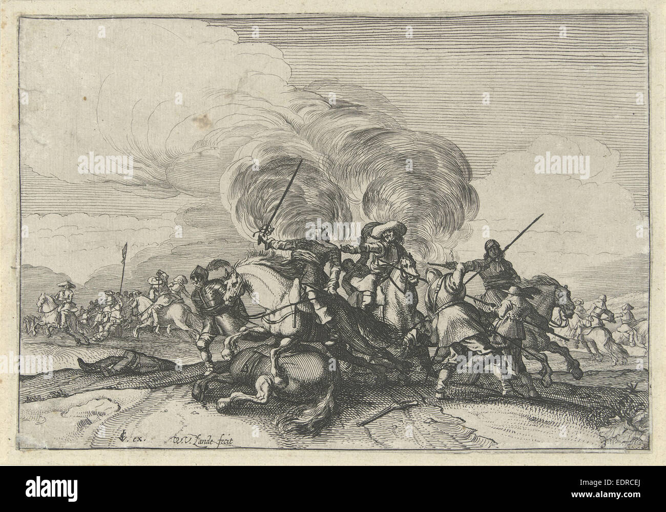 Scena di battaglia con piloti, Willem van de lande, Claes Jansz. Visscher (II), 1635 - 1652 Foto Stock