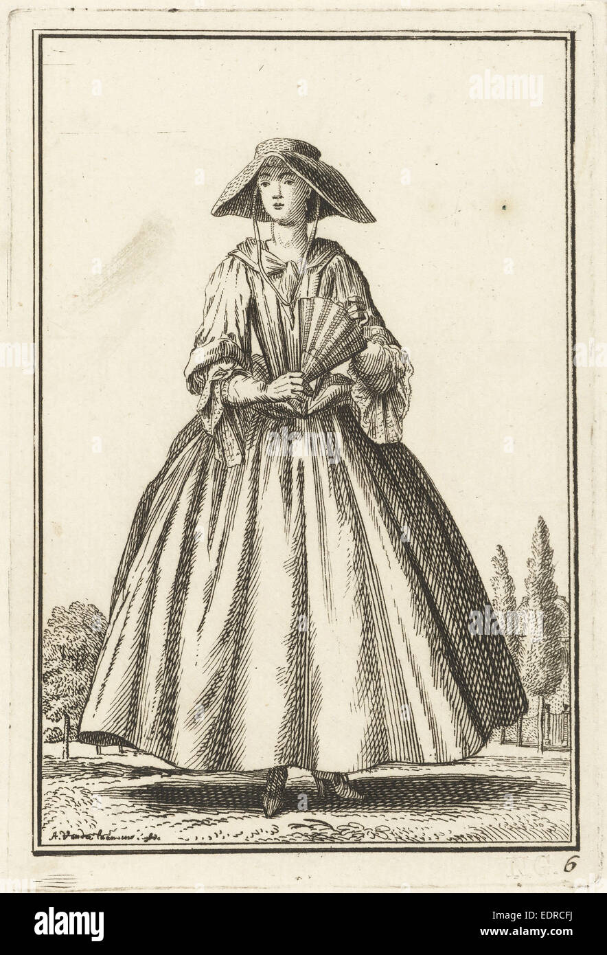 Donna con cappello e ventola, Adolf van der Laan, c. 1710 - 1755 Foto Stock