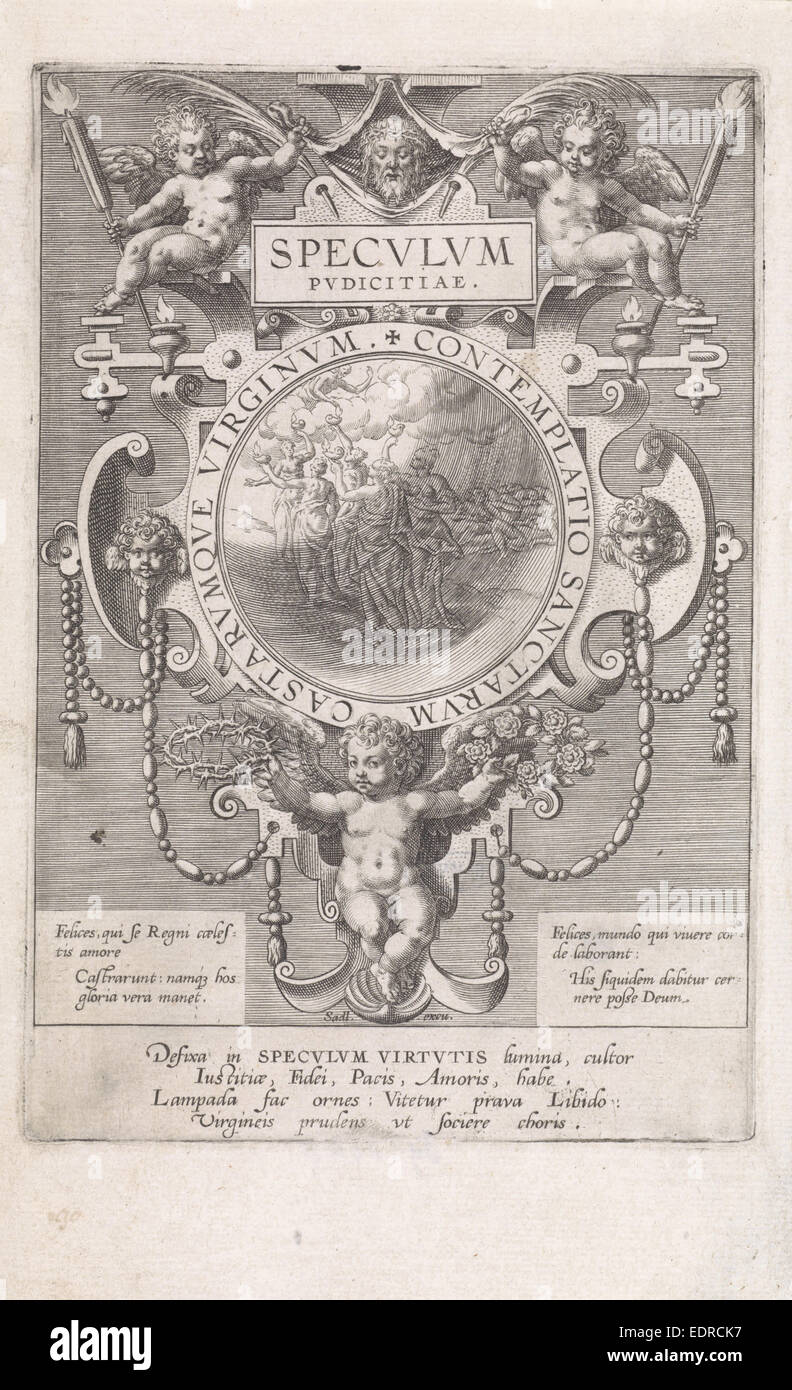 Specchio con i cinque sagge e cinque vergini stolte, Johann Sadeler (MI), 1583 - 1587 Foto Stock
