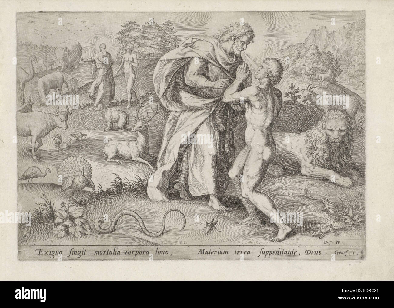 Creazione di Adamo, Johann Sadeler (MI), Gerard de Jode, 1575 Foto Stock