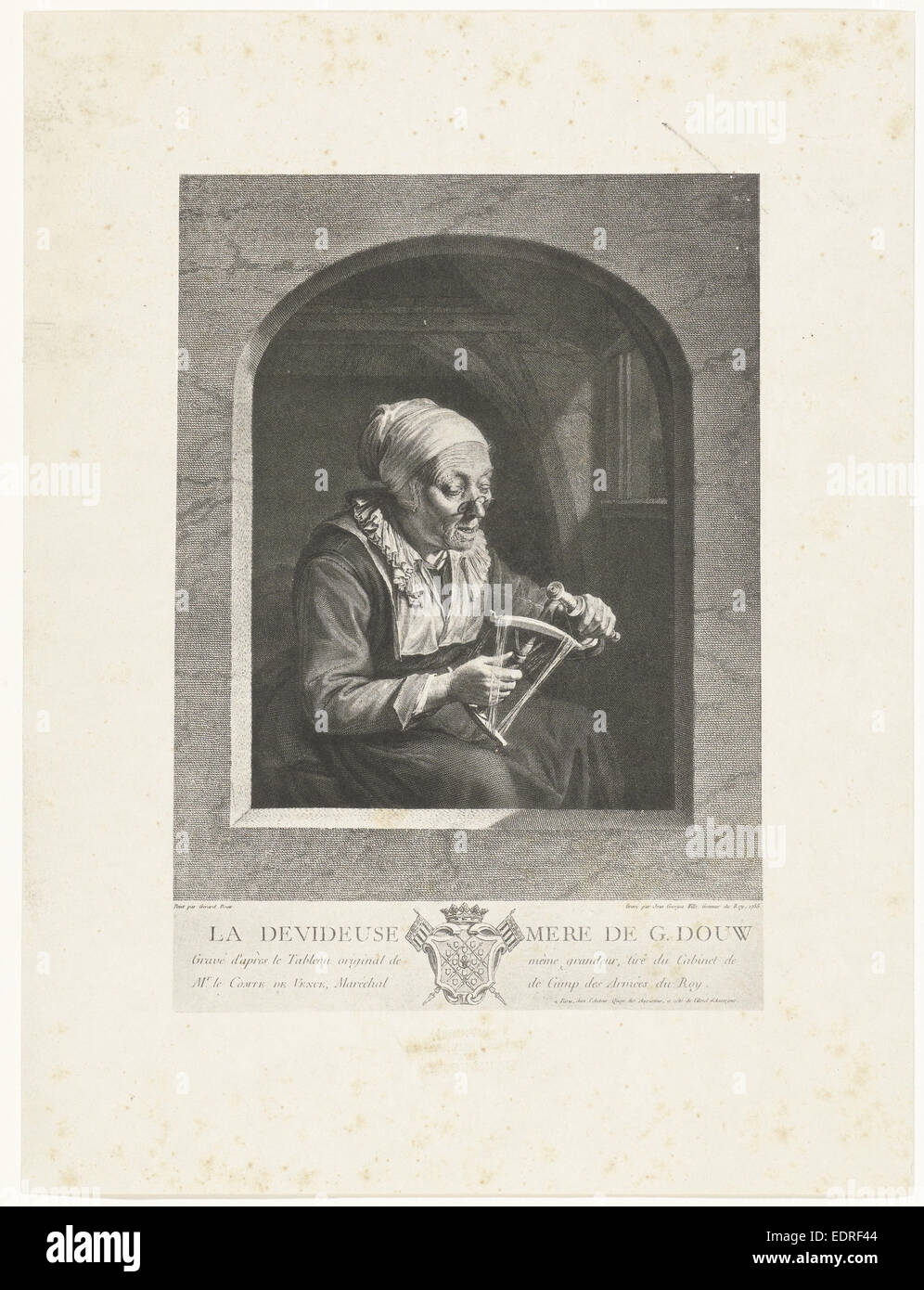 Riproduzione fotografica della stampa La Dévideuse dopo Gerard Dou da Wille, Maurits Verveer, Johann Georg Wille, Gerard Dou Foto Stock