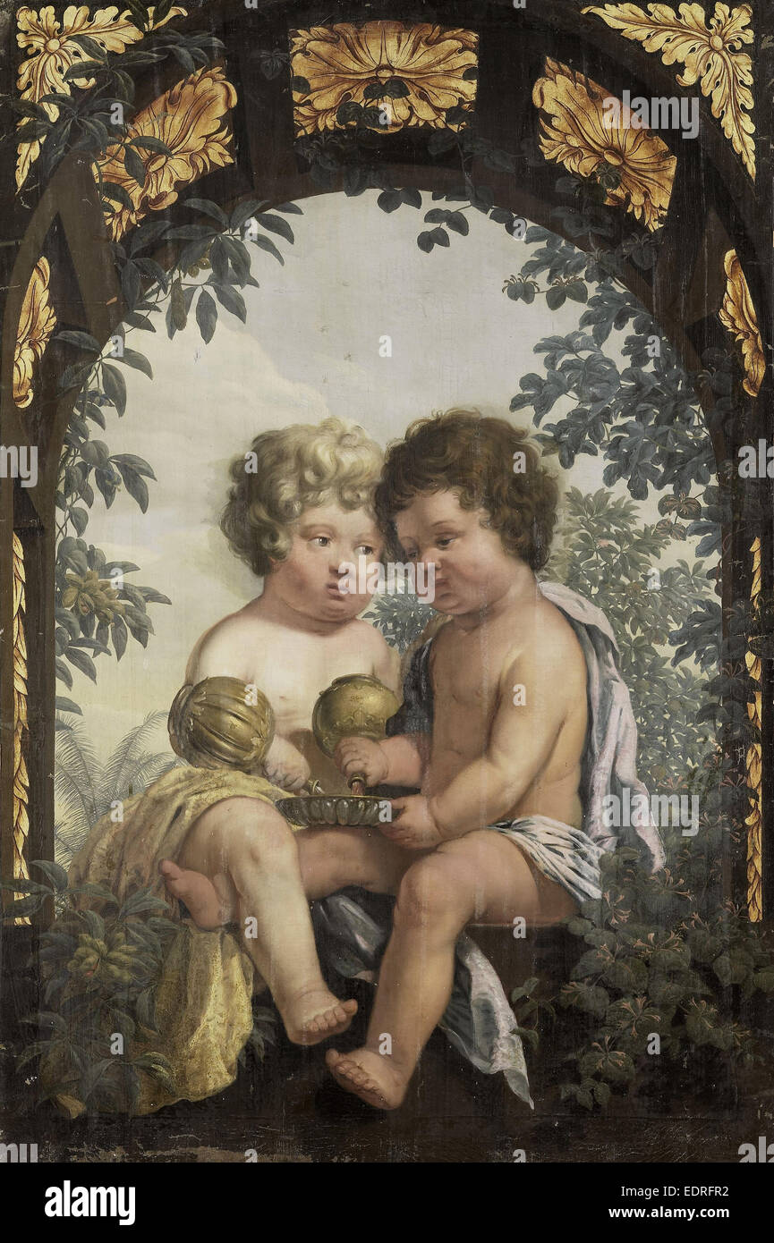 Allegoria cristiana con due bambini sia versando da una caraffa in una ciotola, anonimo, 1650 - 1699 Foto Stock