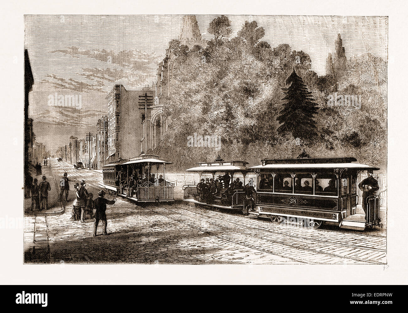 HALLIDIE BREVETTO DEL CAVO sistema tranviario, ha lavorato senza cavalli o di locomotive, 1883 Foto Stock