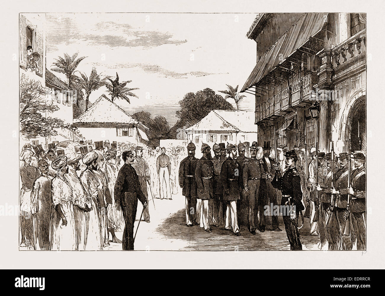 Il Royal VISITA IN INDIA: IL PRINCIPE DI GALLES A GOA: Arrivo al Palazzo del Governatore, 1876 Foto Stock
