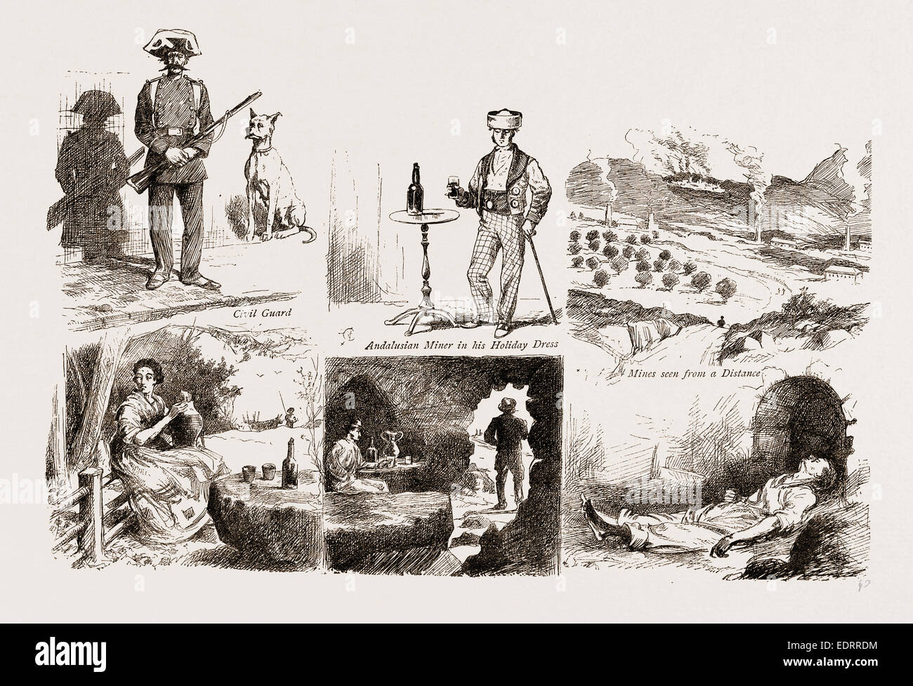 IN SPAGNOLO BLACK COUNTRY, IN UN andalusa di LEAD MINING DISTRICT, 1876: interni di un minatore della caverna, protezione civile Foto Stock