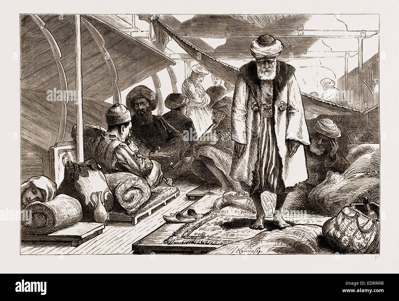 MOHAMMEDAN pellegrini tornando a casa dalla Mecca, SUL PONTE DI UN Lloyd austriaco il sistema di cottura a vapore, 1876 Foto Stock