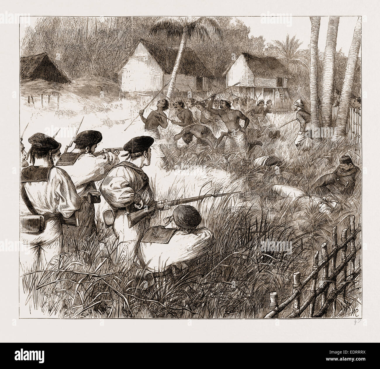 La guerra nella penisola malese, 1876: attacco al villaggio di KOLAH LAMA SUL FIUME PERAK Foto Stock