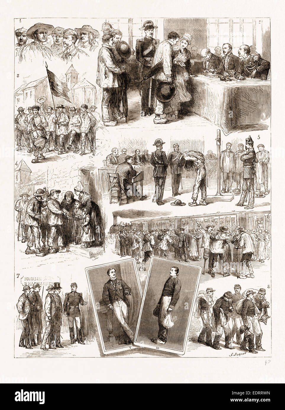 Il sistema di reclutamento in Francia, 1876: 1. Esemplari di coscritti. 2. Sorteggio. 3. Marciando attraverso le strade Foto Stock