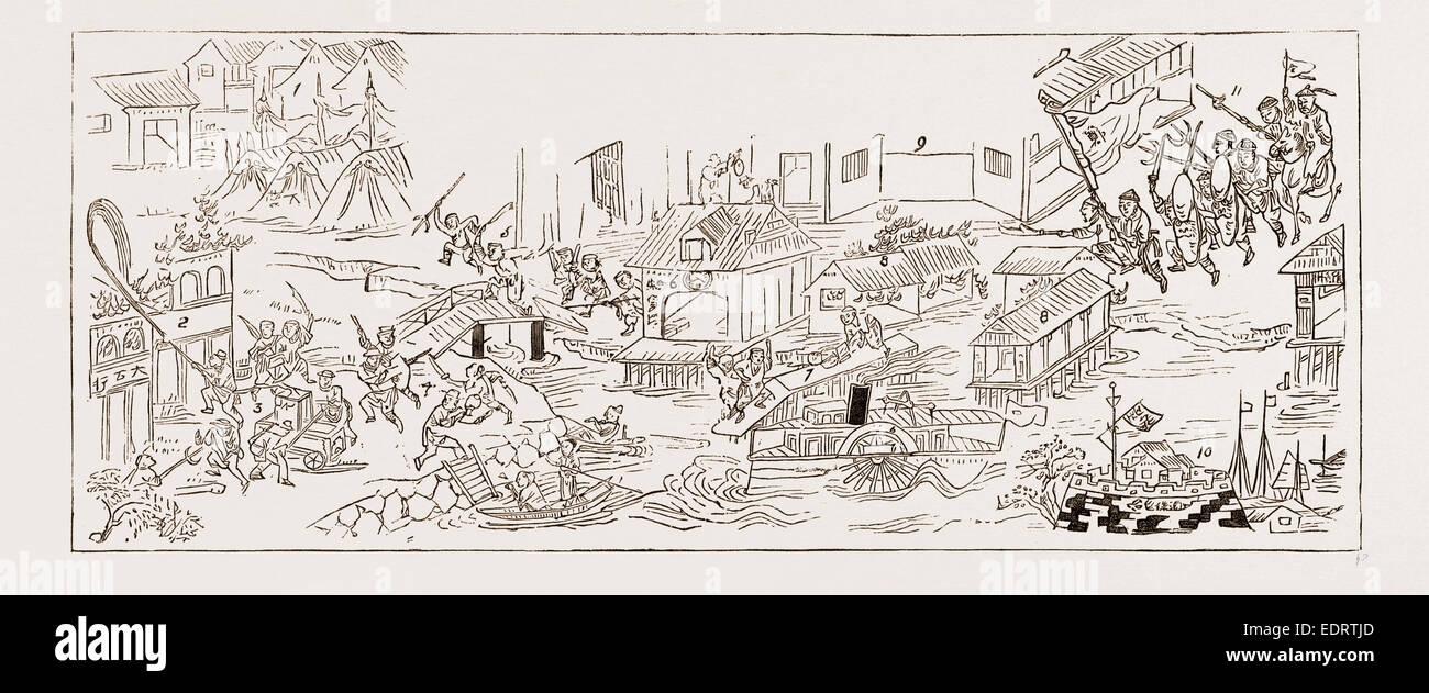 I tumulti verificatisi nel cantone, 1883: 1. Camp cinese e tende. 2. Uffici dei sigg. Butterfield e Swire, licenziato dalla mafia Foto Stock