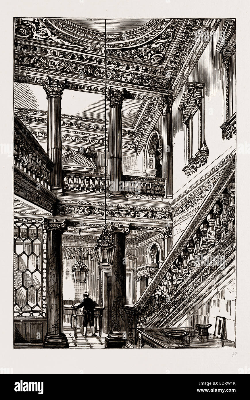 Un vecchio London Mansion, 'COWFIELDS", 30 Old Burlington Street, UK, 1886: HALL DI ENTRATA E SCALE Foto Stock