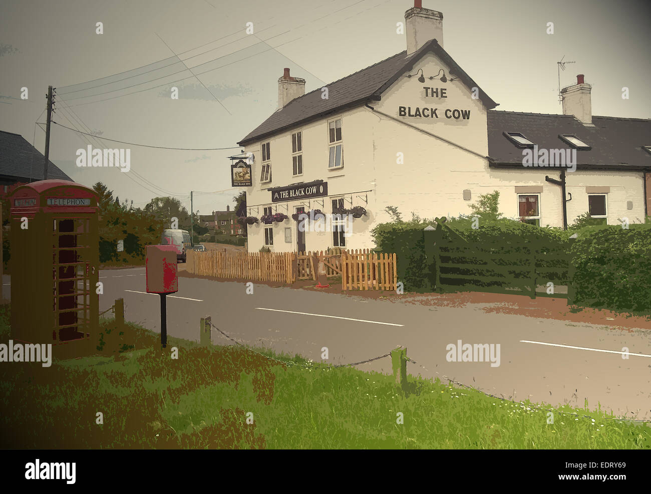 La mucca nera Public House di fecce, visto qui che si affaccia sul verde villaggio e altri servizi, UK, arte Foto Stock