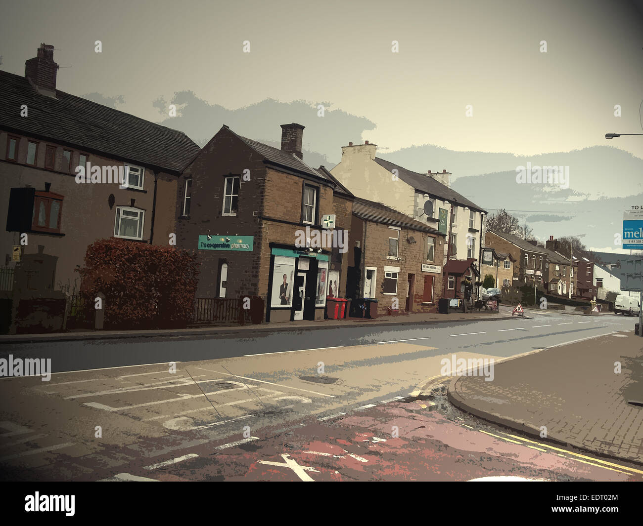 Market Street in Hollingworth, visto qui dalla sua giunzione con Taylor Street, UK, arte, arte Gran Bretagna, Artista: Sarah Smith Foto Stock