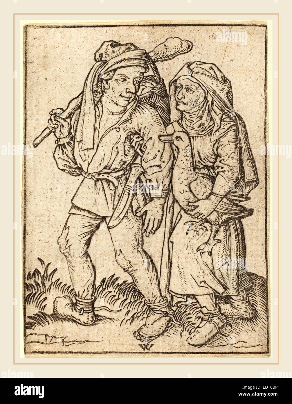 Wenzel von Olmutz dopo il Master del Housebook (tedesco, active 1481-1497), il contadino e la moglie con oca, c. 1490, incisione Foto Stock