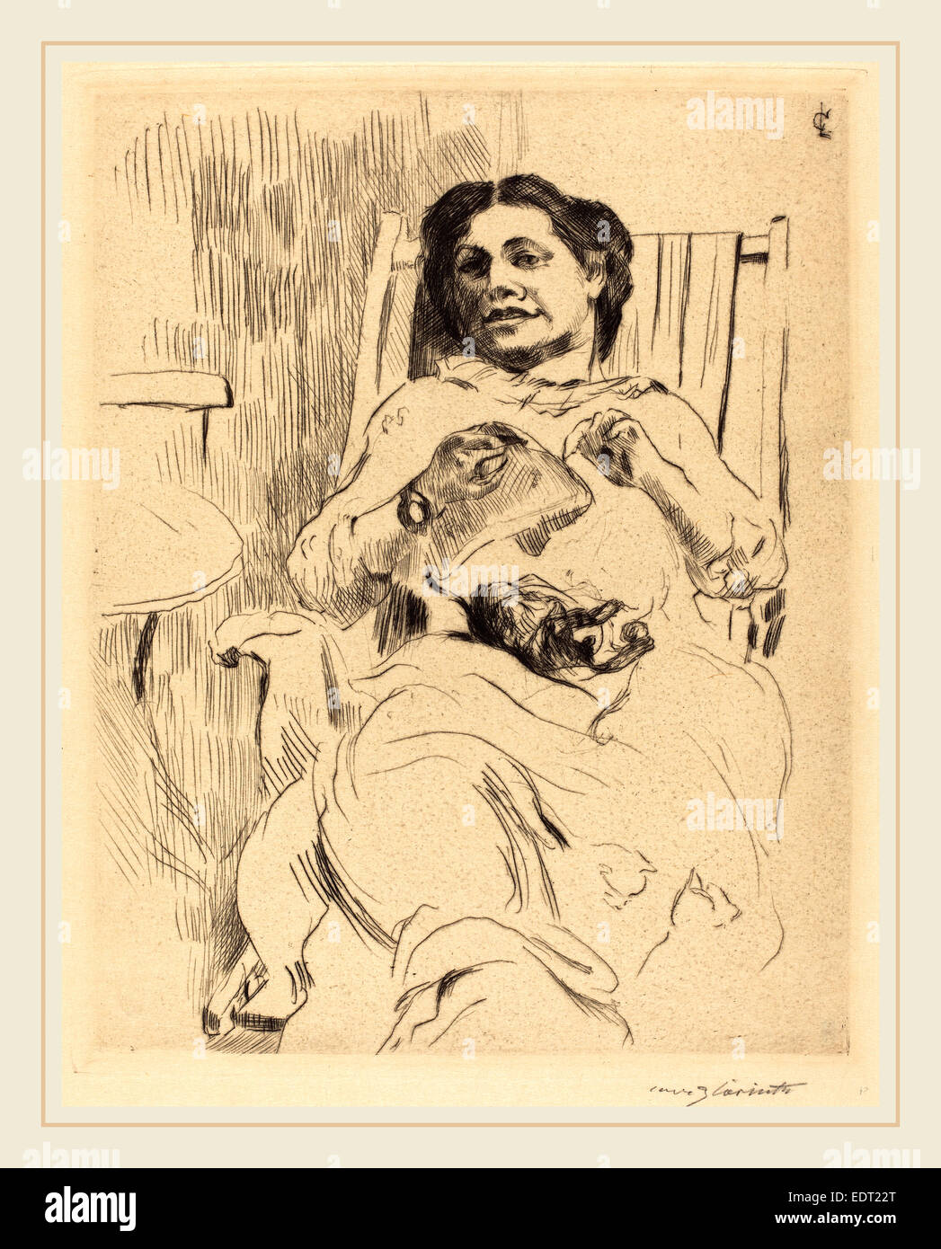 Lovis Corinth, Donna con ricamo (Frau mit Handarbeit), Tedesco, 1858-1925, 1912, puntasecca in nero su carta intessuta Foto Stock