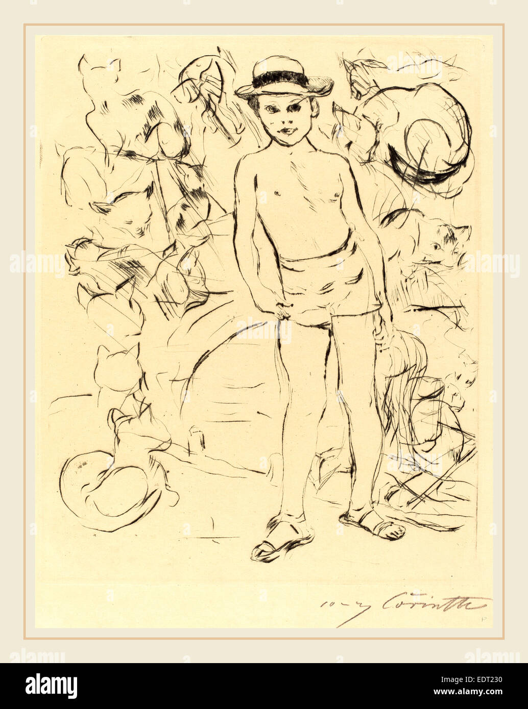 Lovis Corinth, ragazzo indossa Bathing-Trunks e cappello di paglia (Knabe mit Badehose und Strohhut), Tedesco, 1858-1925, 1915, puntasecca Foto Stock