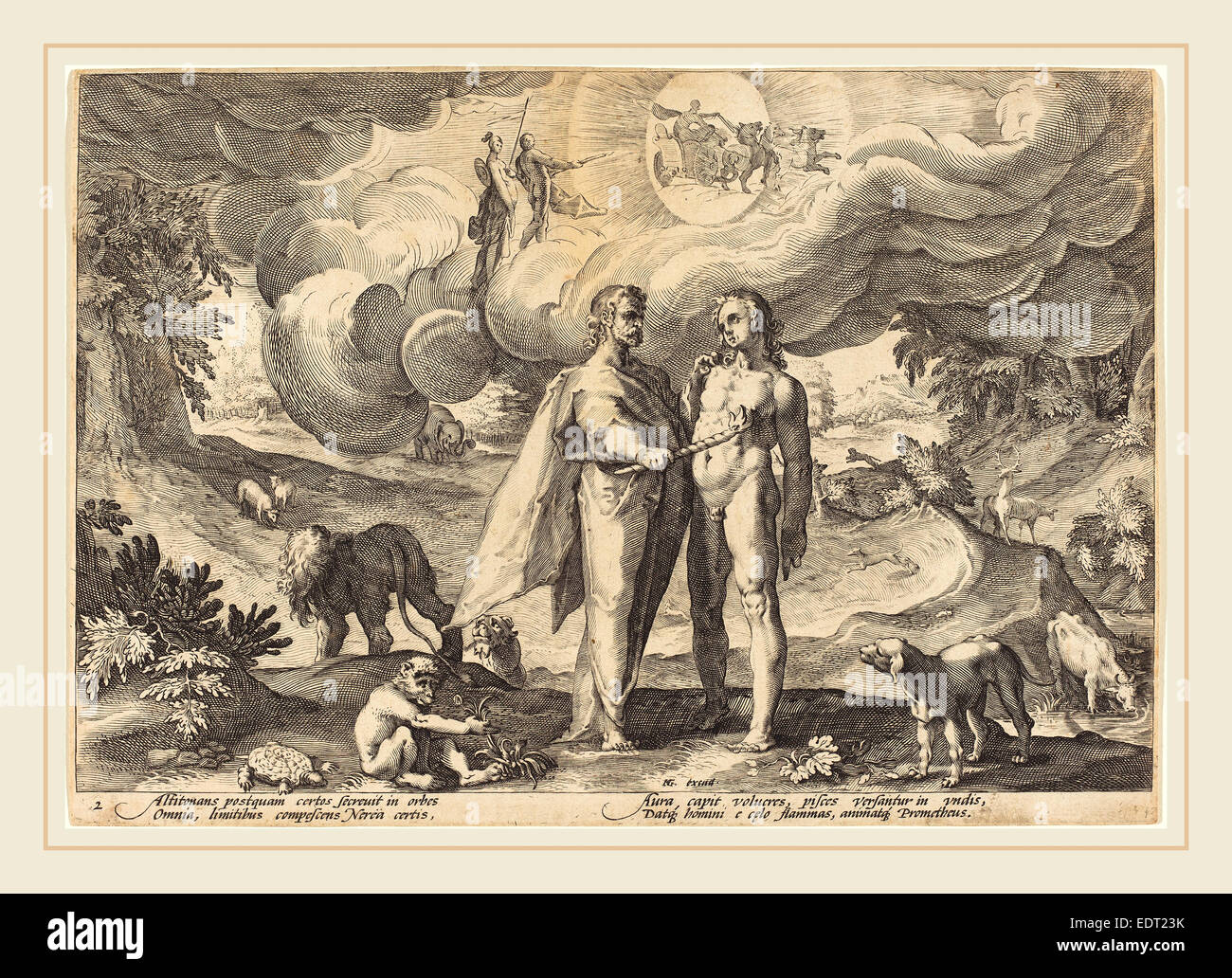 Officina di Hendrik Goltzius dopo Hendrik Goltzius (fiammingo, 1574-1575-dopo il 1655), Prometeo creando l'uomo, incisione Foto Stock