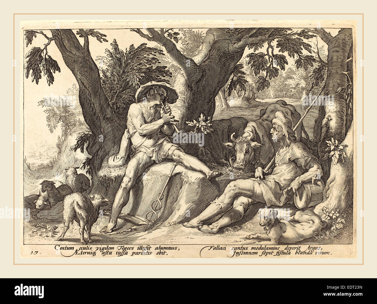 Officina di Hendrik Goltzius dopo Hendrik Goltzius (fiammingo, 1574-1575-dopo il 1655), mercurio mettendo Argus dormire, incisione Foto Stock