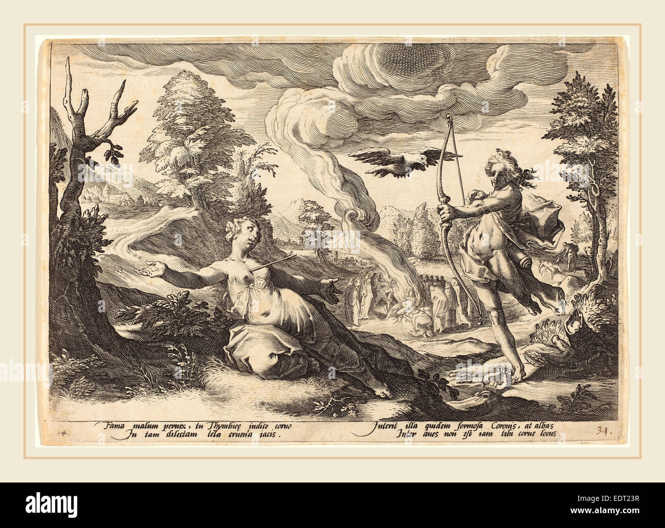 Officina di Hendrik Goltzius dopo Hendrik Goltzius (fiammingo, 1574-1575-dopo il 1655), Apollo uccidendo Coronis, incisione Foto Stock