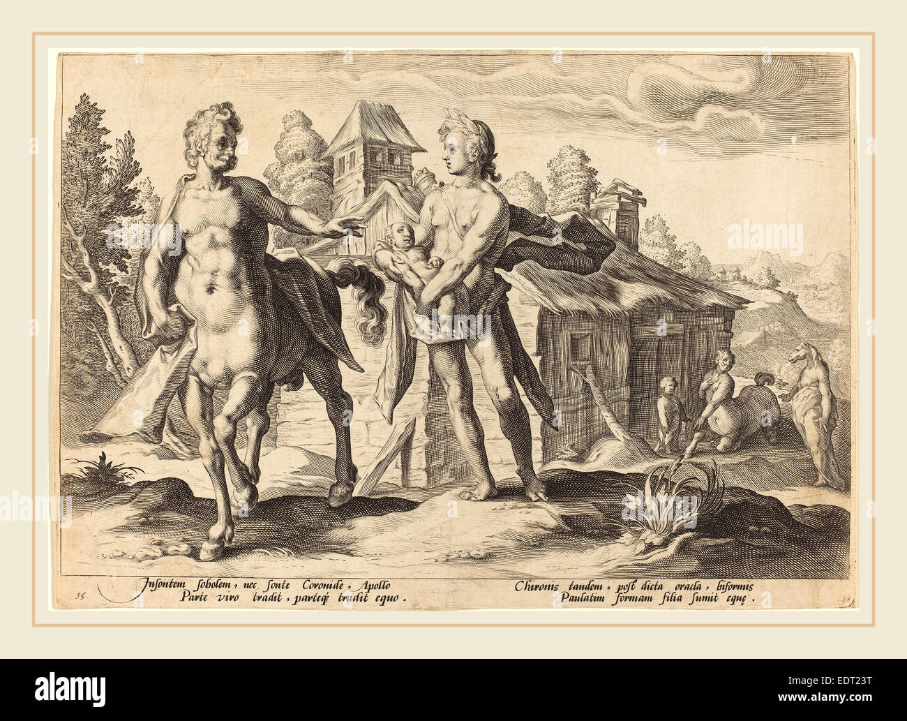 Officina di Hendrik Goltzius dopo Hendrik Goltzius (olandese del XVII secolo), Apollo affidando Chirson con l'istruzione Foto Stock
