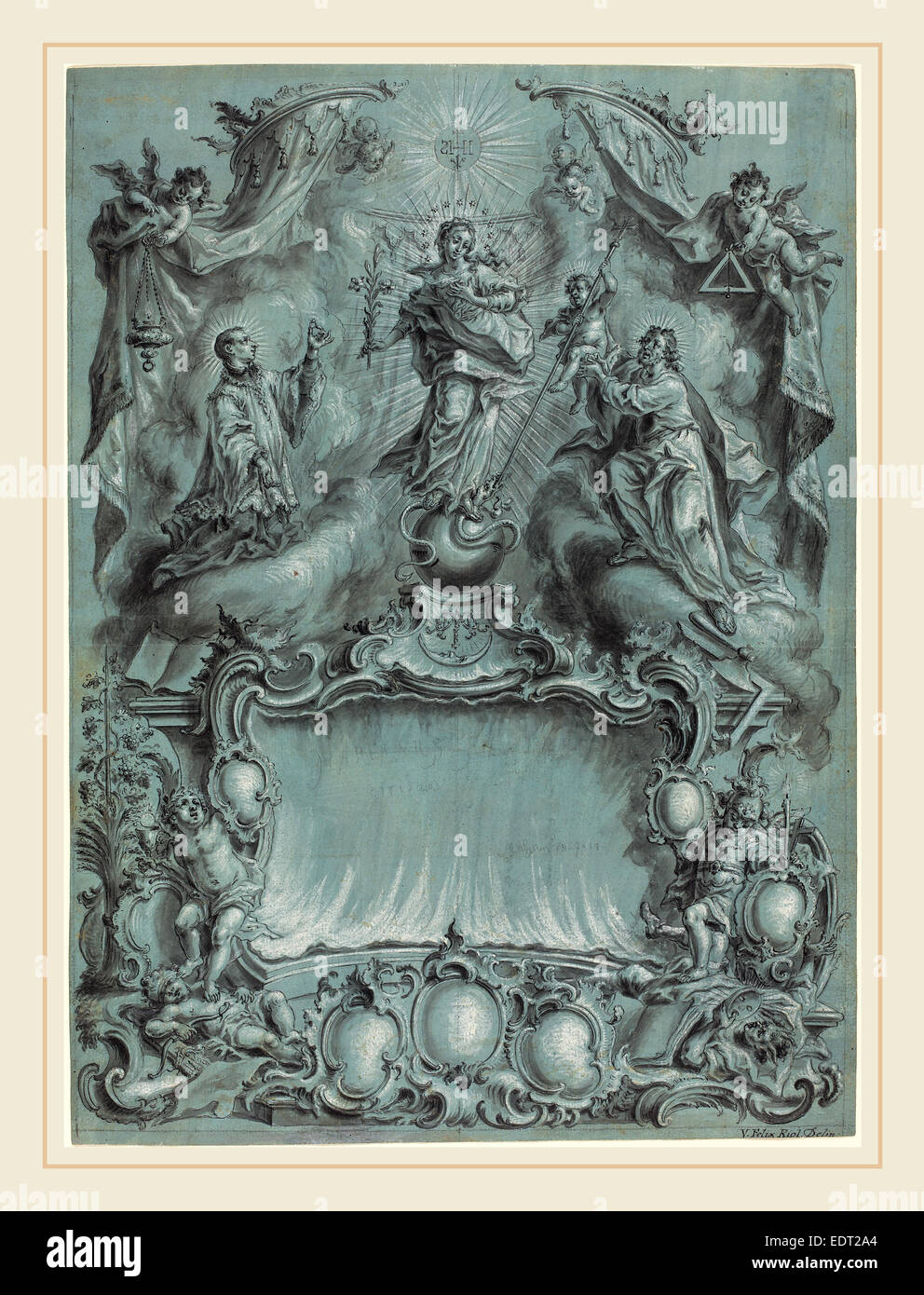 Vitus Felix Rigl (tedesco, c. 1717-1779), un elaborato impostazione rococò con la Vergine e il Bambino e i santi sconfiggere il male, l'eresia Foto Stock