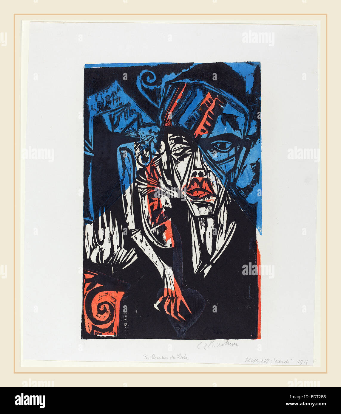 Ernst Ludwig Kirchner, Qualen der Liebe, Tedesco, 1880-1938, 1915, colore xilografia da due blocchi su carta intessuta Foto Stock
