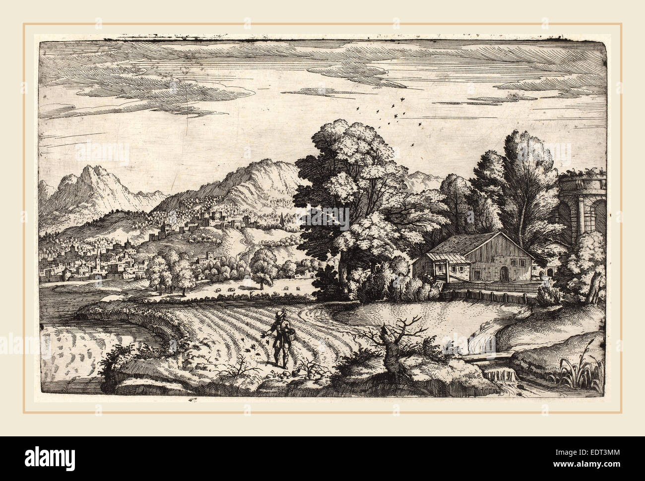 Giovanni Battista Fontana (Italiano, c. 1524-1587), il paesaggio di montagna con la parabola del seminatore, c. 1572-1573, attacco Foto Stock