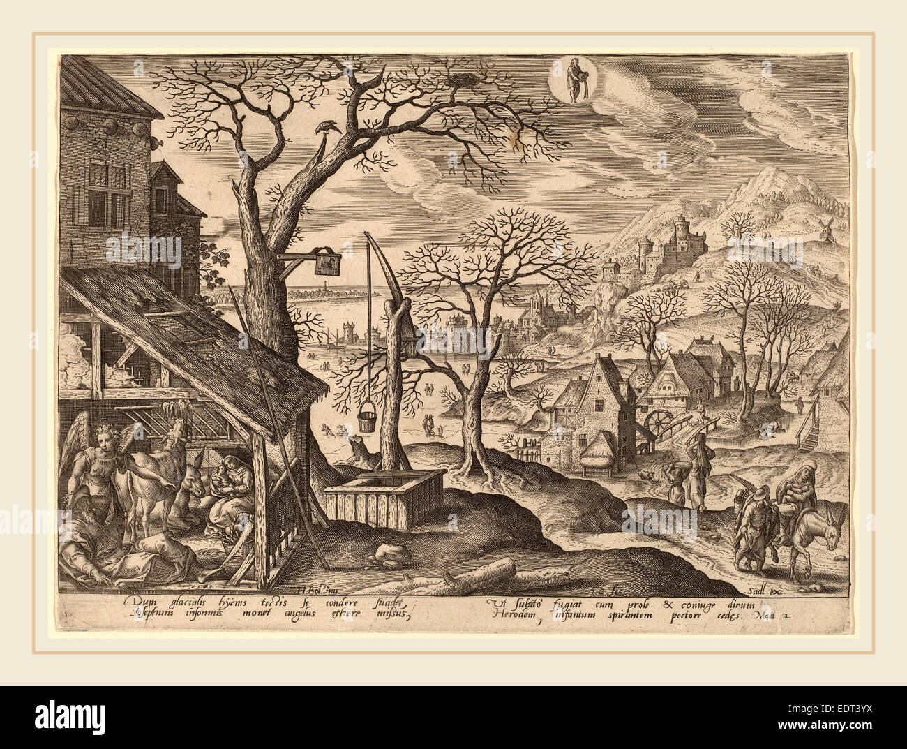 Adriaen Collaert dopo Hans Bol (fiammingo, c. 1560-1618), la Natività e la Fuga in Egitto (Aquarius), 1585, incisione Foto Stock
