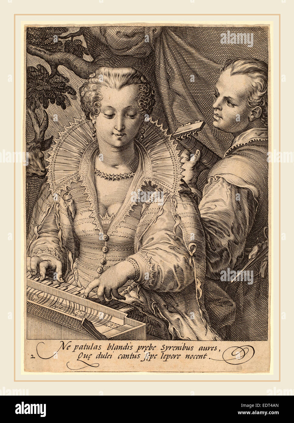Jan Pietersz Saenredam dopo Hendrik Goltzius (Olandese, 1565-1607), l'udito, incisione Foto Stock