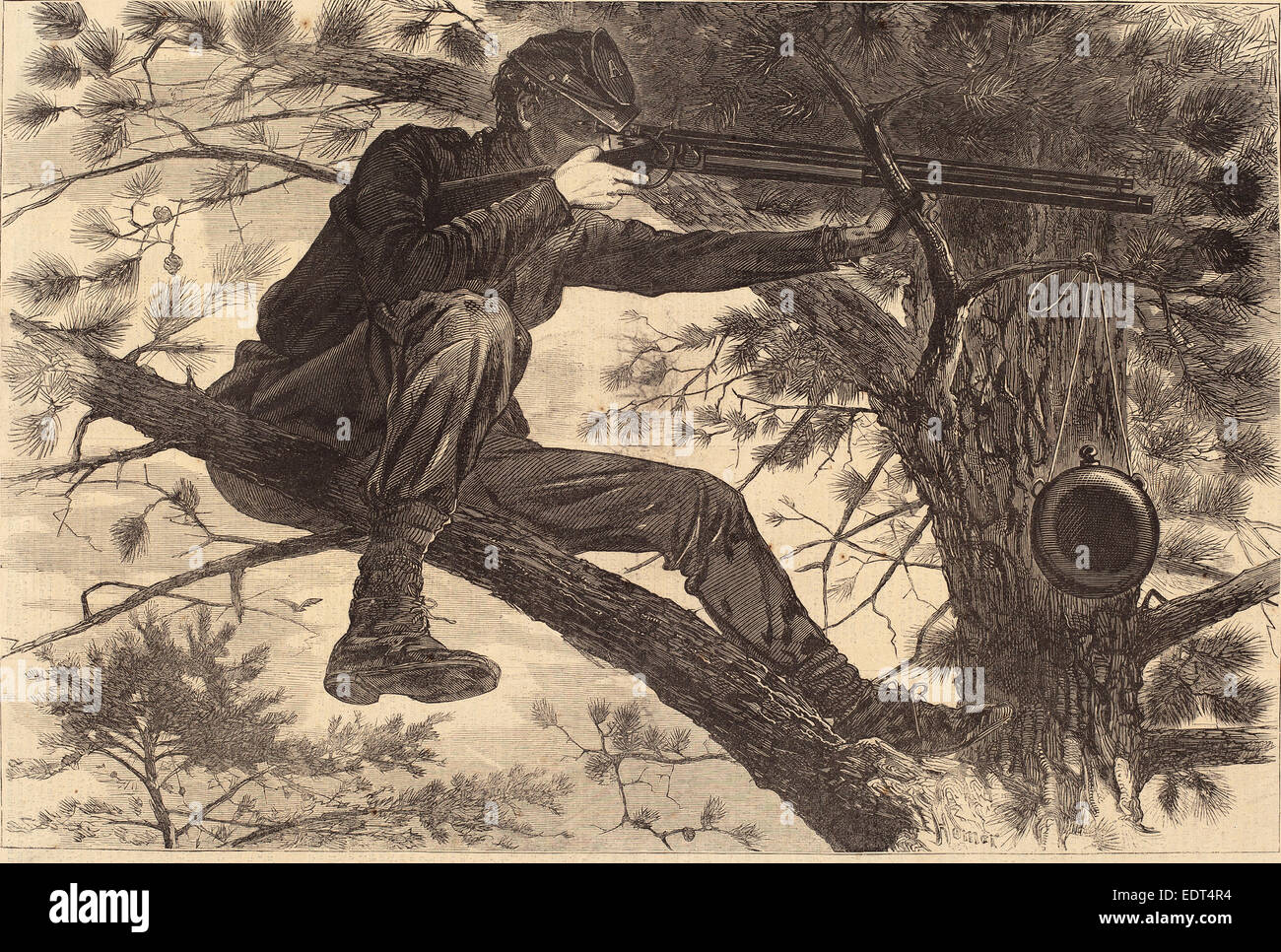 Dopo Winslow Homer, l esercito del Potomac - Un Sharp-Shooter sul dovere di picchetto, pubblicato nel 1862, incisione su legno Foto Stock